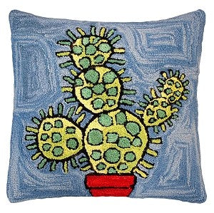 Our Blooming Cactus 20” Hand Hooked Wool Pillow (Blue) features blooming cactus on a lovely blue background and is a beautiful piece to add to anywhere in your home