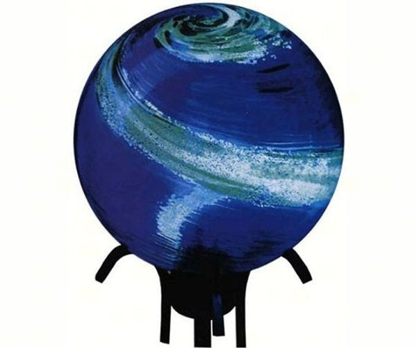 Our 10” in diameter Blue Swirl Glow in the Dark Glass Gazing Globe is handcrafted of hand blown glass with crystals inside the globe that absorb light energy from any light source during the day and create a wonderful green glow at dusk. During the day the colors of mauve, with accents of white, blue and green will gracefully decorate your garden with lots of color and style.  