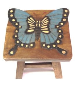 Our beautiful Blue Butterfly Handcrafted Wood Stool Footstool is a sturdy stool for adults and children