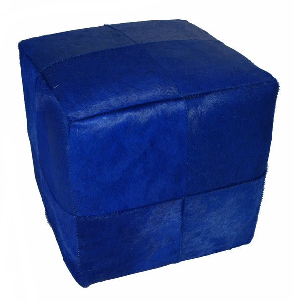 Blue Dyed Cowhide Cube Pouf Stool Ottoman  