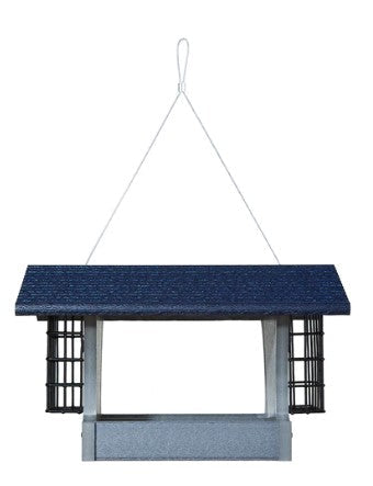 Shown our Gray and Blue Hanging Poly Lumber Combination Hopper and Suet Feeder. It is made in the USA and is one of our maintenance-free durable bird feeders that is constructed with recycled poly lumber material that will outlast any other feeder you have ever owned.  The poly lumber material is tough as nails and squirrels can’t destroy it.  Size is 13"L x 8.75" W x 8" H. Available in 2 other colors, Gray and Red or Green.