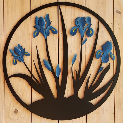 Our Blue and White Iris Blooms Metal Indoor Outdoor Wall Art is available in four (4) colorful blooming iris colors, purple, yellow, teal or blue and white and each has been uniquely crafted in the USA by skilled artisans and custom made to order. Every piece created is powder coated for outdoor or indoor use and it captures the artist’s creative beauty of this magnificent flower wall hanging
