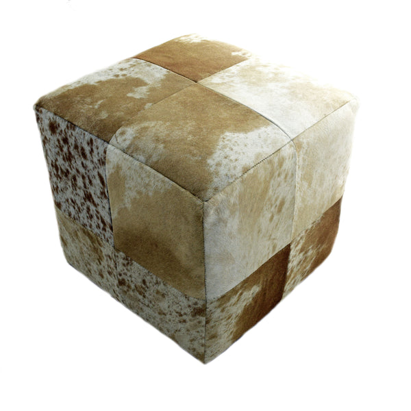 Brown and White, Salt and Pepper, Leather Cube Pouf Stool Ottoman