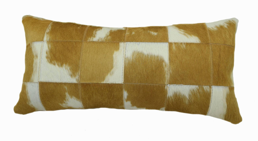 Our Brown and White Cloudy Patchwork Lumbar Pillow is 20” long x 12” tall and features an assortment of brown and white cloudy cowhide colors … all patchworked together to make a decorative pillow.