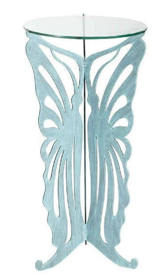 Our Butterfly Pedestal Table Metal Art Sculpture is a stately piece hand forged here in the USA by skilled artisans. Fabricated by hand with the use of 3/16” heavy gauge steel, then zinc galvanized to prevent rusting, and hand painted with a two-step high quality marine grade epoxy paint for weather resistant indoor or outdoor use. The very sturdy tri-legged butterfly pedestal base, once hand painted in soothing verdigris color, is fitted with a 19” in diameter 3/8” piece of flat glass. 