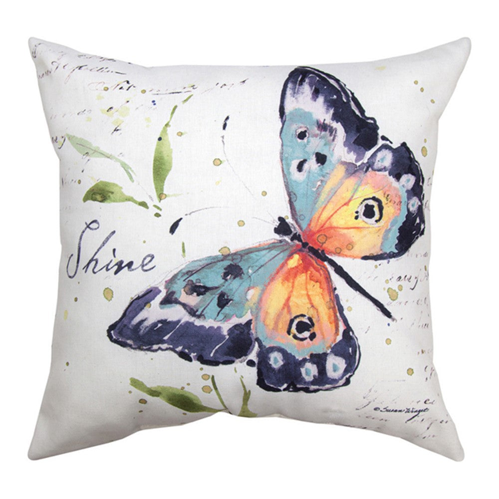 This is the reverse side of our pillows. Our Butterfly Shine and Bloom Reversible Indoor Outdoor Word Pillows are 18” in diameter and come as a set of two. Made in the USA of weather resistant fabric in bright colors and great for use as pillow or cushions.  Our pillows are great for indoor and outdoor use. 