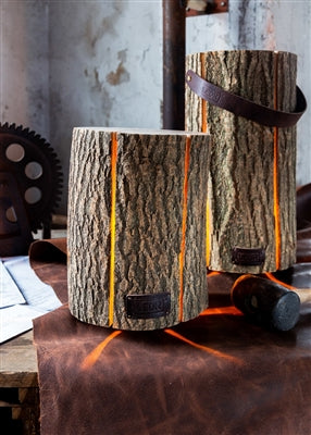A view of two sizes of our  Ash Wood Tree Stump Luminary Lantern Table s.