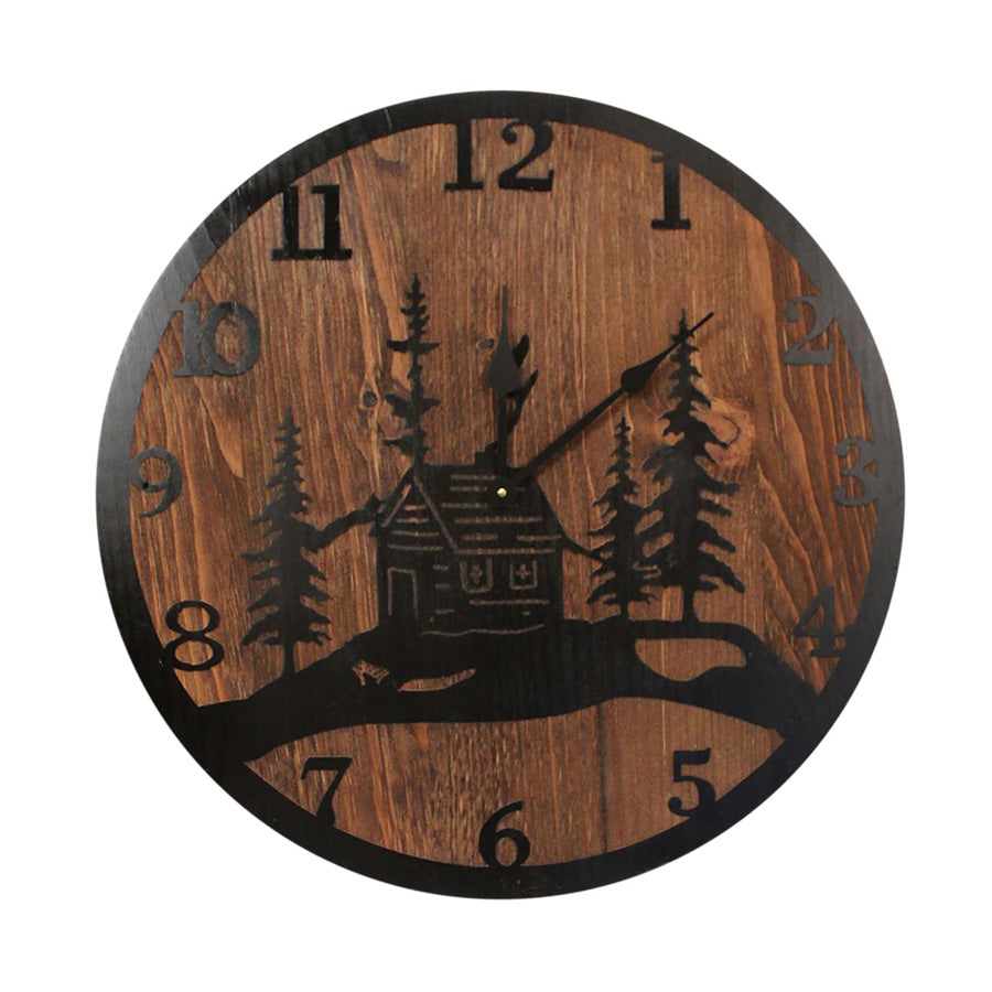 Transform any wall with our Cabin Etched Wood Round Wall Clock - 24” ... handcrafted here in the USA