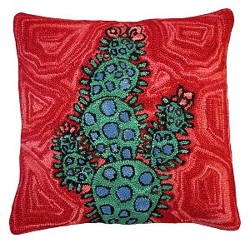Our Blooming Cactus 20” Hand Hooked Wool Pillow (Red) features cactus on a bright red background and is a beautiful piece to add to anywhere in your home