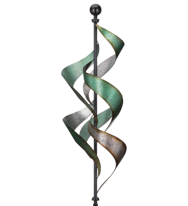 garden of motion with this kinetic, heavy duty, wind spinner which features a thick metal pole with multiple blades of cascading ribbons encircling the pole with sublime vertical movement… even with the slightest breeze