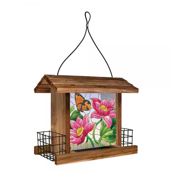 Our Cedar and Stained Glass Combination Hopper Feeder and Suet Feeder bit of beauty and rustic flair to enrich your garden and attact many varieties of birds at the same time. Expertly crafted with sturdy insect and rot resistant cedar, this combination hopper and suet feeder is built to last and will keep your feathered friends full and happy for many seasons. Overall size of feeder is 6.00 (D) x 12.50 (W) x 11.00 (H) inches.
