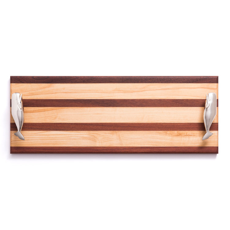 Our Charcuterie Serving Board with Decorative Handles can be personalized to your specifications and is handcrafted here in the USA. This signature, multi-stripe, maple and mahogany wood serving board is an exceptional charcuterie board for displaying and serving cheeses, crackers and meats, breads, and so much more. You can custom create your board with your choice of two of our 15 styles of stainless steel decorative handles and you can laser engrave your own personalization as well.