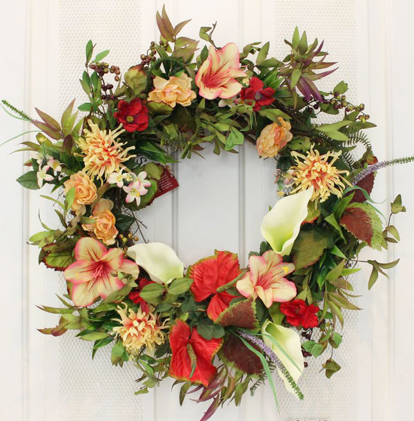 Handcrafted, our Chrysanthemum and Lily Splendor Front Door Wreath – 22” looks beautiful indoors and outdoors.