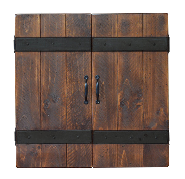 Shown in our caramel finish, our Country Rustic Wood and Iron Handcrafted Dart Board Wall Cabinets are available in 2 stain colors, caramel and pine. These beautiful wall décor cabinets are handcrafted in the USA and great for home, man cave, cabin or indoor patio. Dart board cabinet opens up to 25” x 25” x 6” deep.