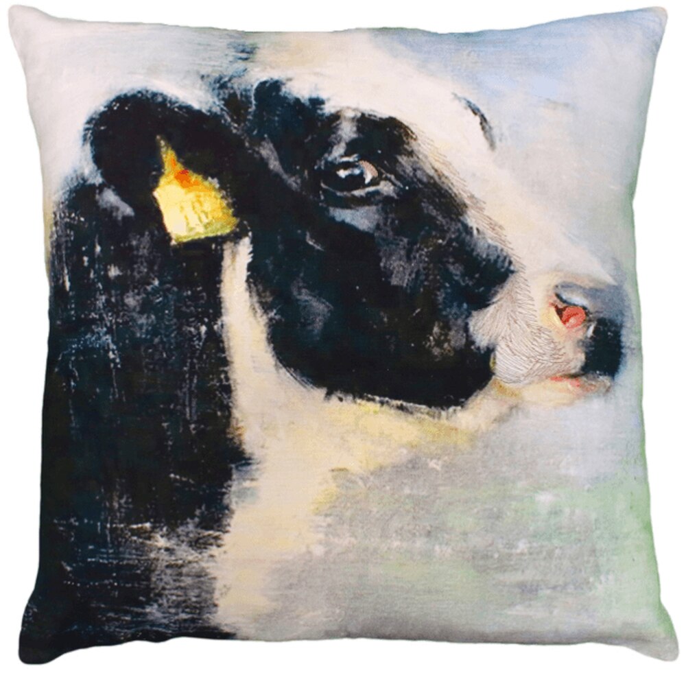 Our Cow Printed and Embroidery Embellished Throw Pillow is 20” square and comes stuffed with polyester filling or for an upcharge of $12.00 you can have your pillow stuffed with down (duck) feathers 