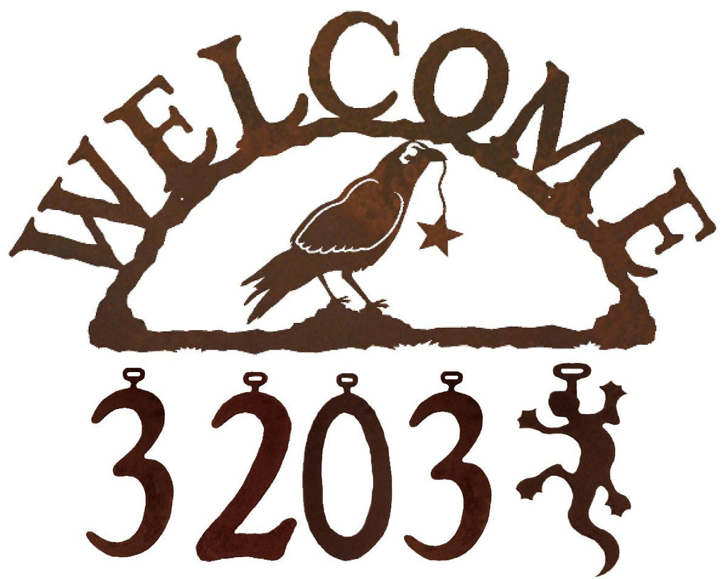 Our Crow Handcrafted Metal Welcome Address Sign is a great addition for your cabin or home and you can customize it with hanging numbers and symbols of your choice
