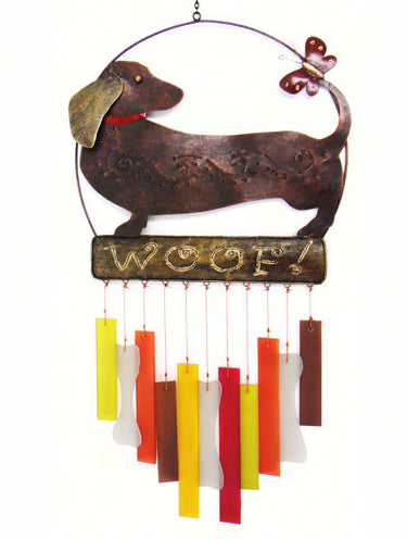 Our Dachshund Dog Metal and Glass Wind Chime Suncatcher is handcrafted of metal and glass and you will enjoy the gentle sounds of the glass clanging together to make a wind chime sound that is lovely, fun and creative. Size is 10 inches wide and 23-1/2 inches long x 1-1/2 inches deep.