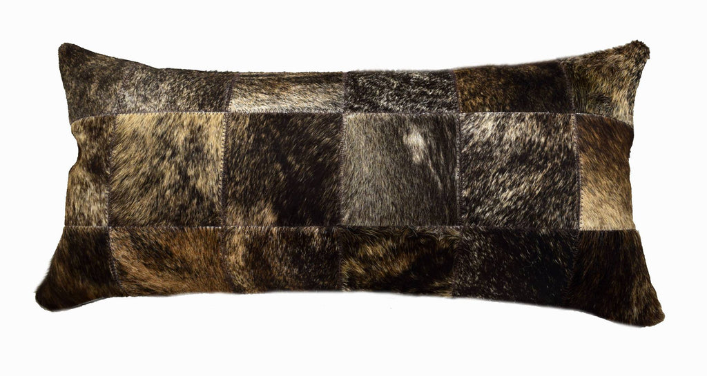 Dark Brindle Cowhide Patchwork Lumbar Pillow is 20” long x 12” tall and features an assortment of dark brindle cowhide colors … all patchworked together to make a decorative pillow.