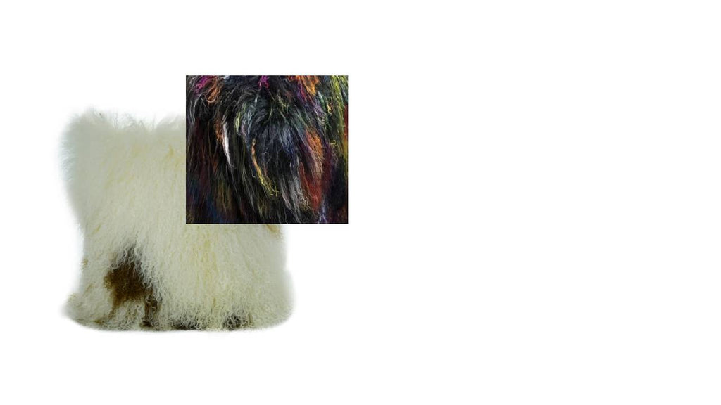 Our 20" square Dark Confetti, Multi-colored, Tibetan/Mongolian Lamb Fur Pillow features soft and fluffy natural curls that have had the strands and tips dyed in multiple colors.