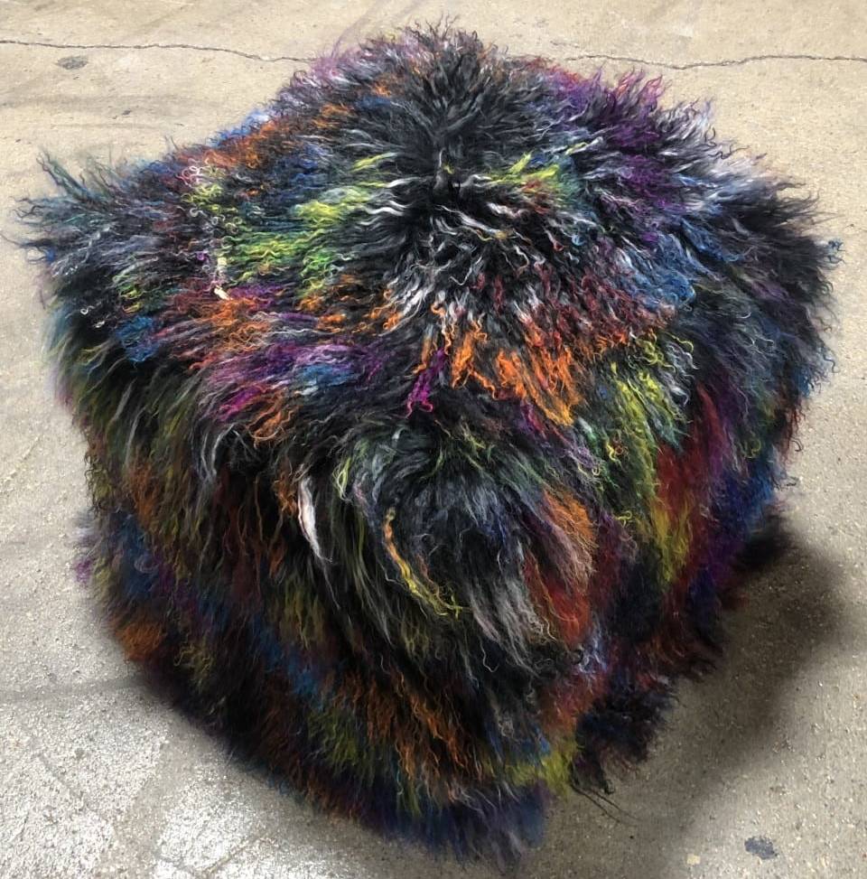 Our new color... Dark Confetti, Multi Colored,  Tibetan/Mongolian Lamb Fur Pouf Ottoman– 18”