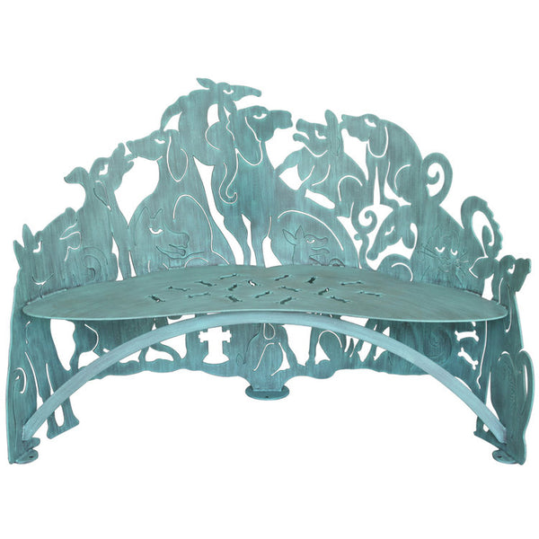 Our Dogs Indoor Outdoor Metal Bench Sculpture is a custom made to order creation and hand forged by skilled craftsmen here in the USA. It is truly a metal garden art sculpture that will be a showpiece in your home or garden for years to come. This piece will add fun and function to anywhere to place it.