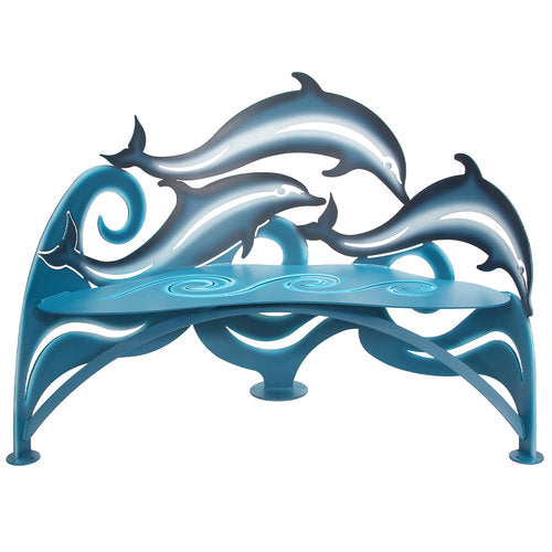 Our Dolphins Indoor Outdoor Metal Bench Sculpture is a custom made to order creation and hand forged by skilled craftsmen here in the USA. It is truly a metal garden art sculpture that will be a showpiece in your home or garden for years to come.
