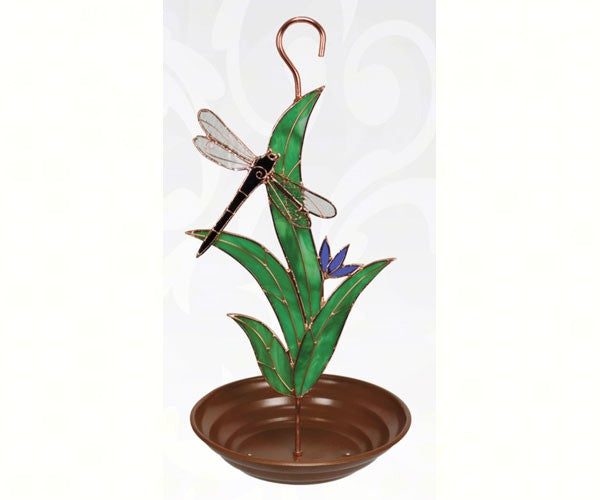 Our Dragonfly Hanging Stained Glass Bird feeder is handcrafted by skilled artisans and features a blending of cut stained glass colors with the use of high quality materials that will not fade, peel or scratch off.