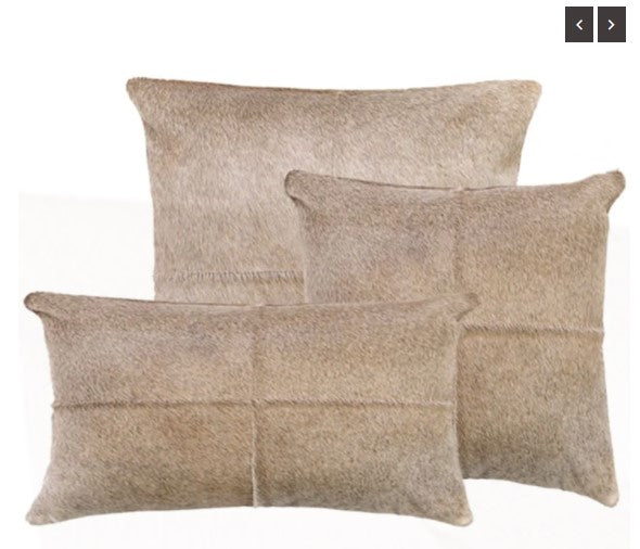 Our Driftwood Cowhide Reversible Throw Pillows With Down Filled Insert picture shows all three sizes. 22”x13” lumbar, 18” square and 22” square. Whether use them alone or together, they are beautiful accent pillows for any room in your home