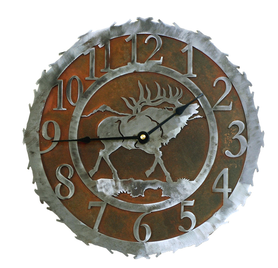ur Elk Handcrafted Rustic Metal Wall Clock - 12" is truly a work of art and is custom made to order in 14 gauge steel two-tone rust and silver combination