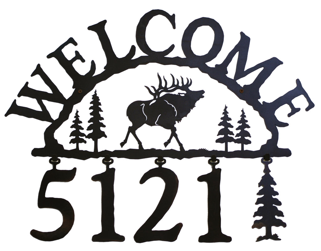 Our Elk Handcrafted Metal Welcome Address Sign is a great addition for your cabin or home and you can customize it with hanging numbers and symbols of your choice
