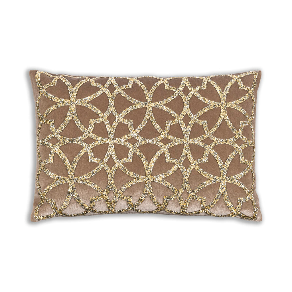 This Embellished Beige Velvet and Gold Embroidered Lumbar Throw Pillow is 14”x20” square and features beige velvet fabric embellished, front side only, with full gold beaded embroidered trim that will add a touch of glamour and luxury to any room in your home. 