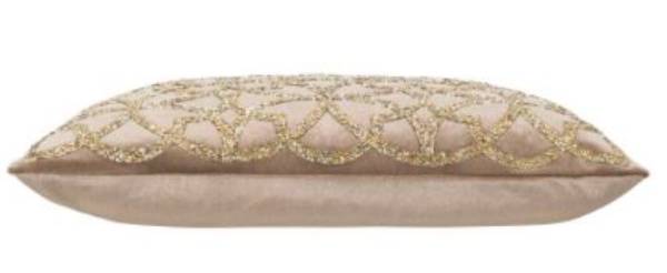 This Embellished Beige Velvet and Gold Embroidered Throw Pillow is 14”x20” square and features beige velvet fabric embellished, front side only, with full gold beaded embroidered trim that will add a touch of glamour and luxury to any room in your home. This picture shows the side view of the front and back of pillow.