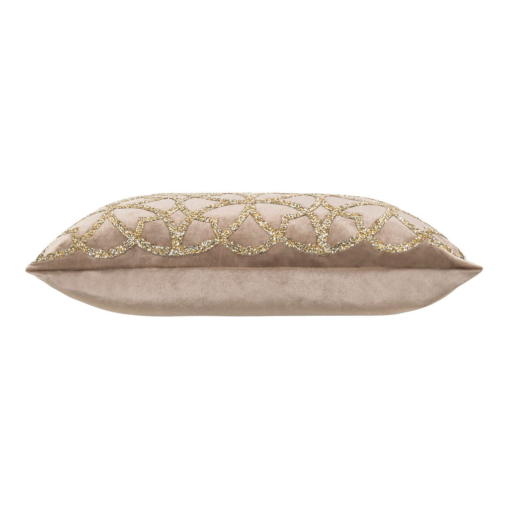 This Embellished Beige Velvet and Gold Embroidered Lumbar Throw Pillow is 14”x20” square and features beige velvet fabric embellished, front side only, with full gold beaded embroidered trim that will add a touch of glamour and luxury to any room in your home. This picture shows the side view of the front and back of pillow.