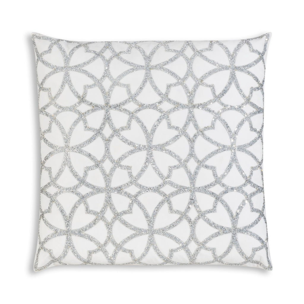 : This Embellished Ivory Velvet and Silver Embroidered Throw Pillow is 22” square and features ivory velvet fabric embellished, front side only, with full gold beaded embroidered trim that will add a touch of glamour and luxury to any room in your home.