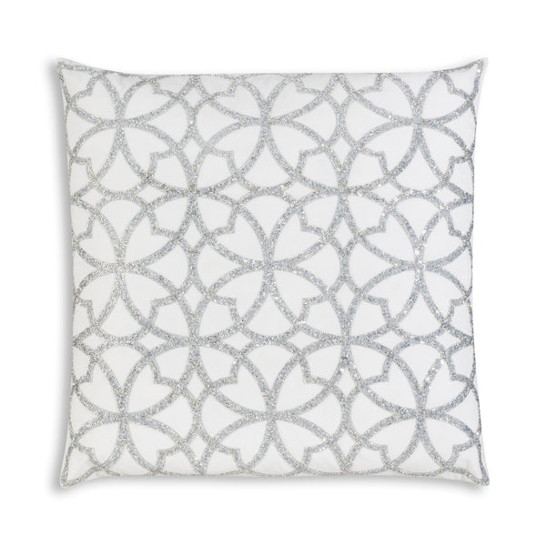 : This Embellished Ivory Velvet and Silver Embroidered Throw Pillow is 22” square and features ivory velvet fabric embellished, front side only, with full gold beaded embroidered trim that will add a touch of glamour and luxury to any room in your home.