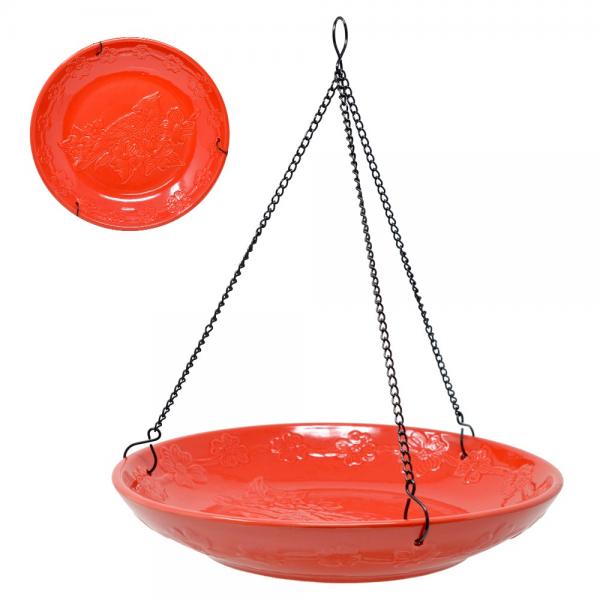 Our Embossed Red Ceramic Cardinal Hanging Birdbath / Birdfeeder features a decorative ceramic bowl finished in a deep blue color with embossing of a cardinal in the center of the bowl and flower embossing around the rim along with a set of 3 black hanging chains with a hook at the top for easy installation