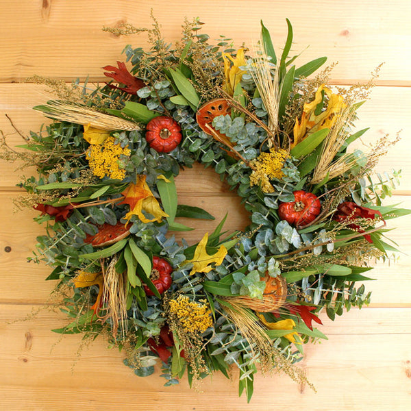 Our Eucalyptus and Bay Fresh and Fragrant Fall Wreath is 18” in diameter and custom made here in the USA by skilled artisans who have also grown all the ingredients right on the farm. Beautiful piece for indoor and protected outdoor environments.