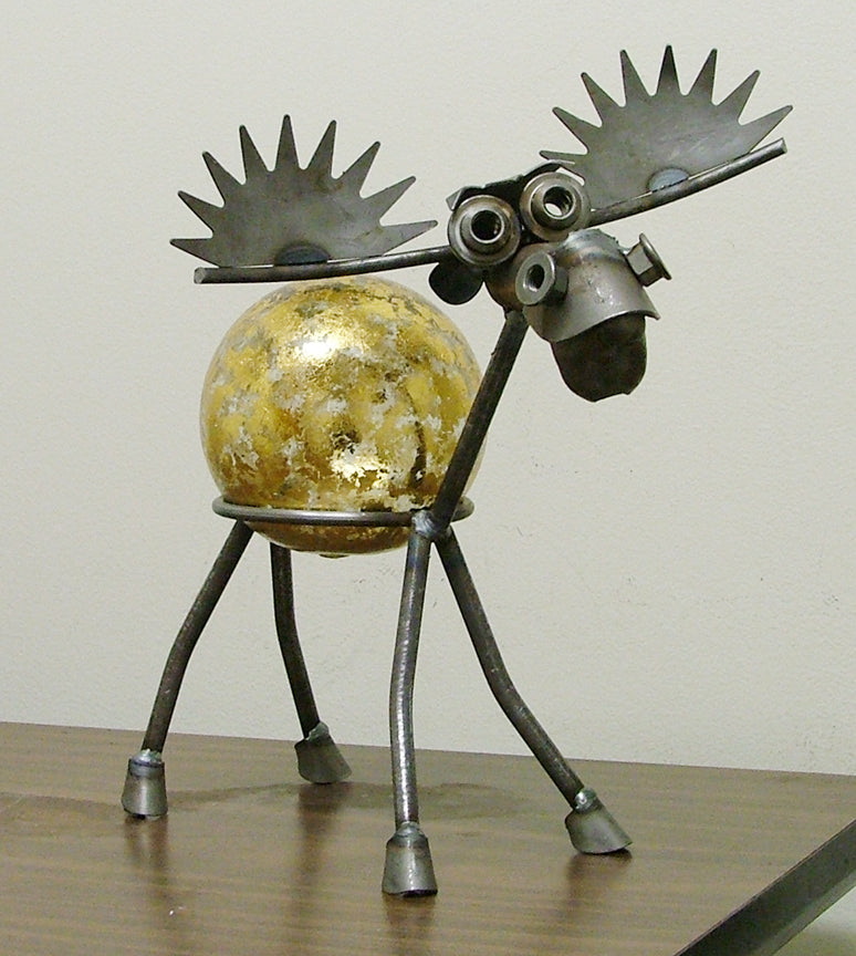 Our custom made Moose Recycled Scrap Metal Statuary and Potted Plant Holder is great for indoor and outdoor use and also be used to hold a 6" gazing globe