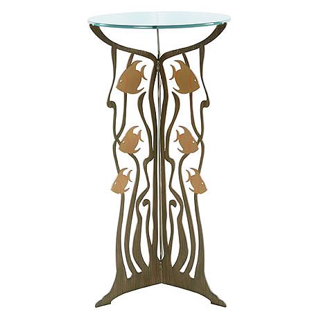 Our Fish Pedestal Table Metal Art Sculpture is a stately piece hand forged here in the USA by skilled artisans. Fabricated by hand with the use of 3/16” heavy gauge steel, then zinc galvanized to prevent rusting, and hand painted with a two-step high quality marine grade epoxy paint for weather resistant indoor or outdoor use. The very sturdy tri-legged fish pedestal base, once hand painted in green and gold colors, is then fitted with a 19” in diameter 3/8” piece of flat glass. 