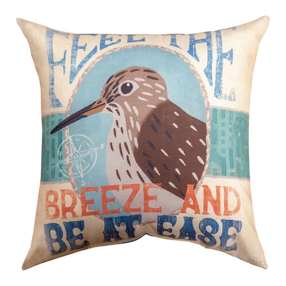 Front Side... Our Flee the Breeze and Be At Ease, Coastal Bird Reversible Indoor Outdoor Word Pillows have been manufactured with quality made weather resistant fabric, durable stitching and vivid colors that will add color and coziness to your home. The are 12” in size and come as a set of 2 and very versatile and inviting for both indoors and outdoors settings. 
