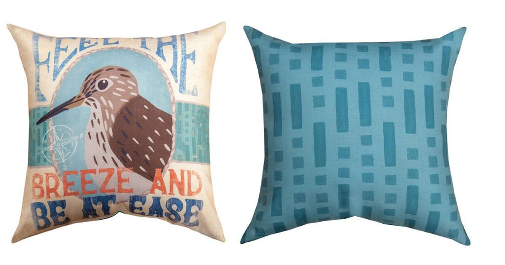 Shown front and back... Our Flee the Breeze and Be At Ease, Coastal Bird Reversible Indoor Outdoor Word Pillows have been manufactured with quality made weather resistant fabric, durable stitching and vivid colors that will add color and coziness to your home. The are 12” in size and come as a set of 2 and very versatile and inviting for both indoors and outdoors settings. 