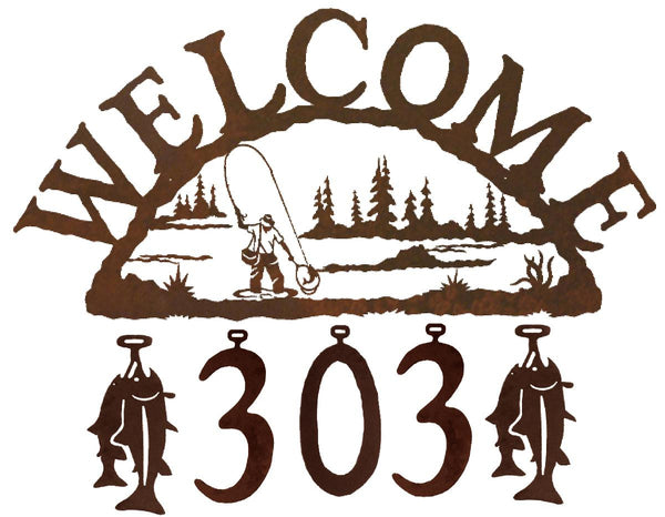 Our Fly Fisherman Handcrafted Metal Welcome Address Sign will be custom made for you and features 5 personalized numbers and or figures to create a sign that is especially for you