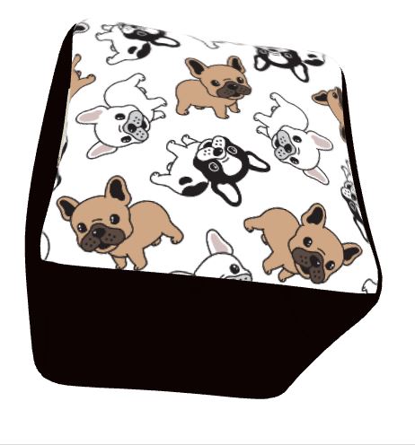 Our French Bulldog Square Footstool Pouf Ottoman is 13” and made of poly spun fabric and available in 3 different top colors with 3 colors different side colors that mix well with the fabric colors to create French Bulldog home décor pieces that are fun and blend well. Shown here is our white top with cute French Bull doggies and black sides.
