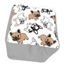 Our French Bulldog Square Footstool Pouf Ottoman is 13” and made of poly spun fabric and available in 3 different top colors with 3 colors different side colors that mix well with the fabric colors to create French Bulldog home décor pieces that are fun and blend well. Shown here is our white top with cute French Bull doggies and grey sides