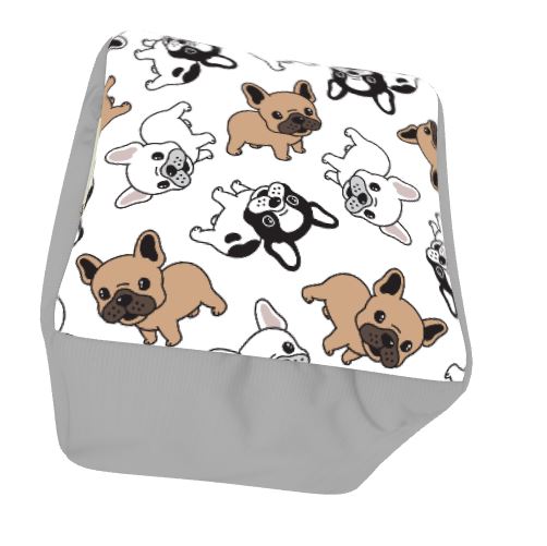 Our French Bulldog Square Footstool Pouf Ottoman is 13” and made of poly spun fabric and available in 3 different top colors with 3 colors different side colors that mix well with the fabric colors to create French Bulldog home décor pieces that are fun and blend well. Shown here is our white top with cute French Bull doggies and grey sides