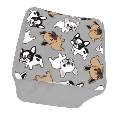 Our French Bulldog Square Footstool Pouf Ottoman is 13” and made of poly spun fabric and available in 3 different top colors with 3 colors different side colors that mix well with the fabric colors to create French Bulldog home décor pieces that are fun and blend well. Shown here is our grey top with cute French Bull doggies and grey sides.