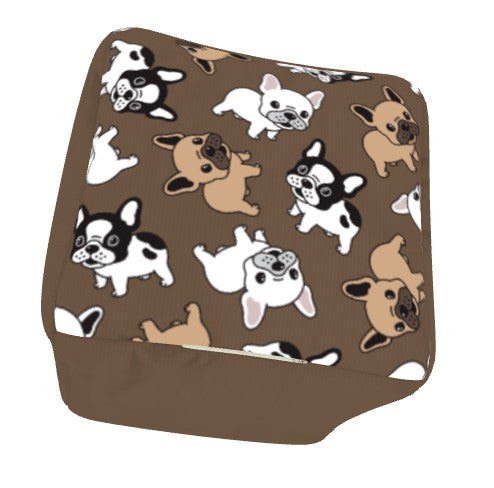 Our French Bulldog Square Footstool Pouf Ottoman is 13” and made of poly spun fabric and available in 3 different top colors with 3 colors different side colors that mix well with the fabric colors to create French Bulldog home décor pieces that are fun and blend well. Shown here is our brown top with cute French Bull doggies and brown sides.