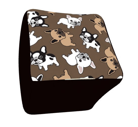 Our French Bulldog Square Footstool Pouf Ottoman is 13” and made of poly spun fabric and available in 3 different top colors with 3 colors different side colors that mix well with the fabric colors to create French Bulldog home décor pieces that are fun and blend well. Shown here is our brown top with cute French Bull doggies and black sides.