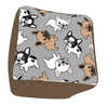 Our French Bulldog Square Footstool Pouf Ottoman is 13” and made of poly spun fabric and available in 3 different top colors with 3 colors different side colors that mix well with the fabric colors to create French Bulldog home décor pieces that are fun and blend well. Shown here is our grey top with cute French Bull doggies and brown sides.