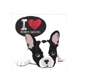 This is the front side of our I Love French Bulldog Reversible Throw Pillows which comes as a set of 2 and are reversible with two different pictures of these adorable cuties. They are available in 16”, 18” and 20” sizes.